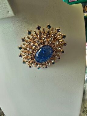 Gold-Tone Blue Crystal Sunburst Brooch - Women's Jewelry